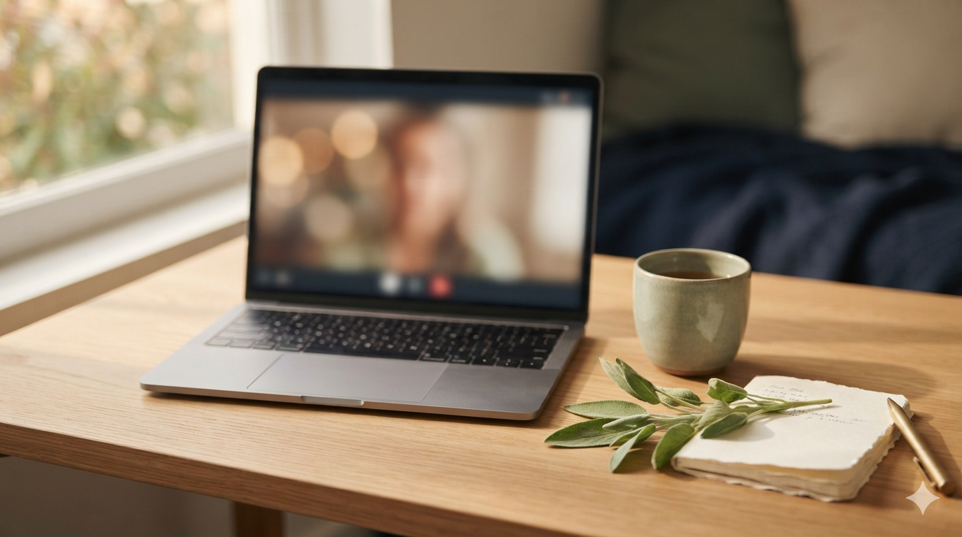 A calm home telehealth consultation: an open laptop, tea, and a sage sprig in warm natural light